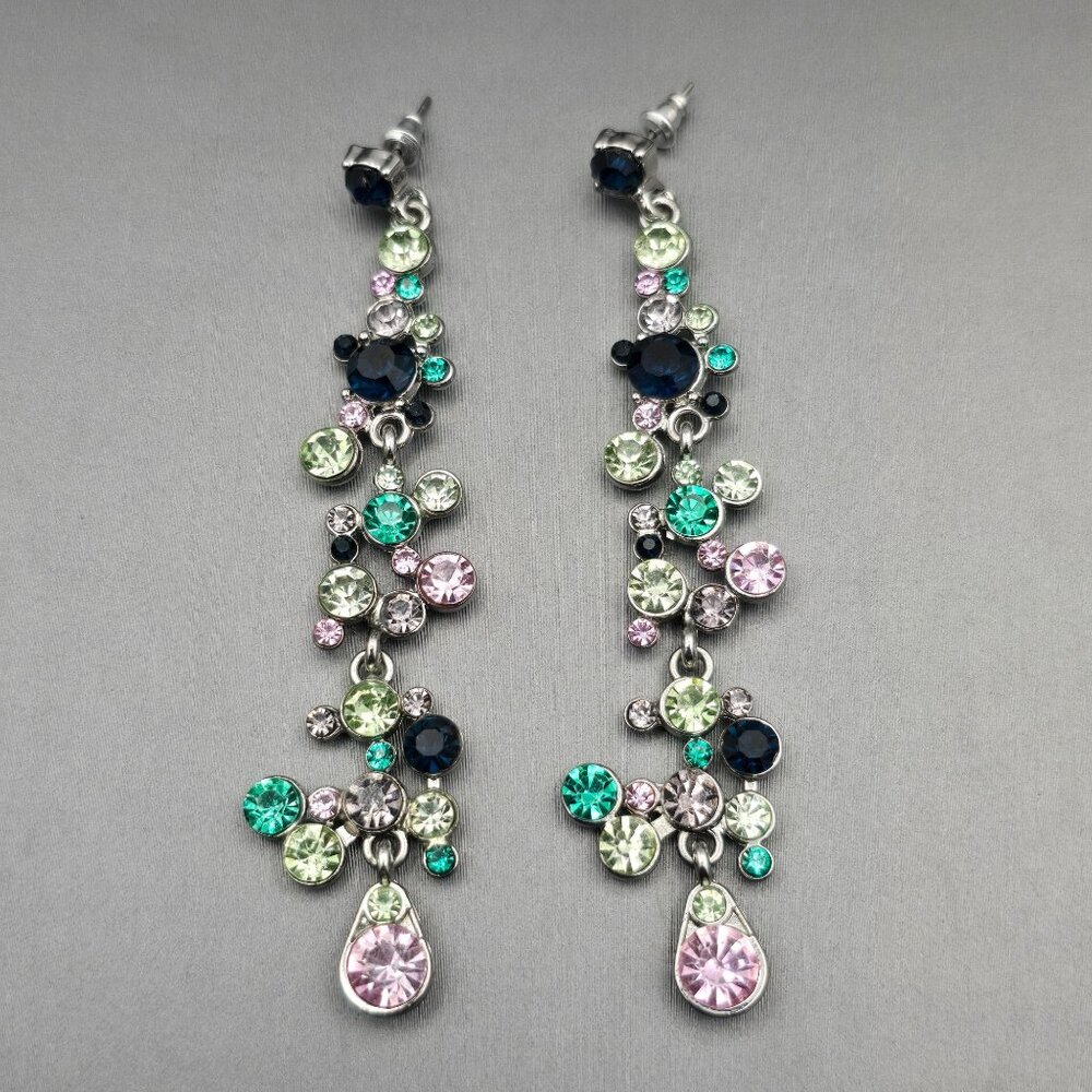 VTG Crystal Drop Dangle Statement Earrings 3.5" Multicolor Glass Silver Tone